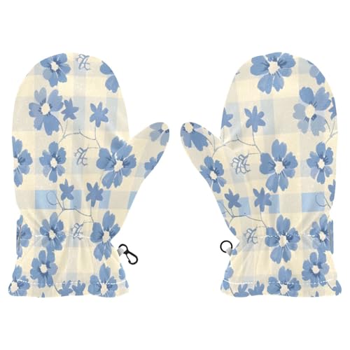 Kid's Winter Gloves Children Warm Gloves Light Blue and Cream Floral Plaid for Boys Girl Age 4-6 Years