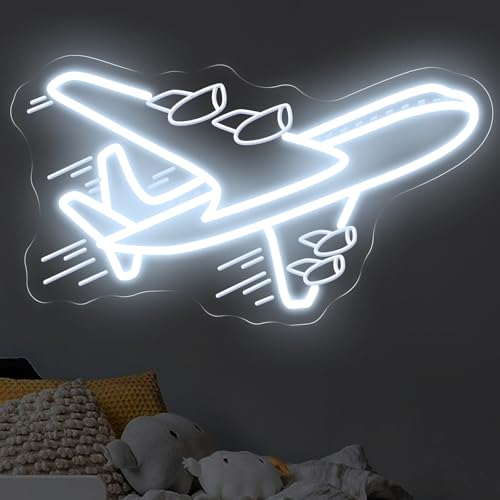 Image of Airplane Neon Sign, Airplane Wall Decor, Air plane Wall Art, Aviation Light Sign, Gift for Kid, Air Plane Wall Decor for Home Bar, 16.5 inchx9.3 inch, White