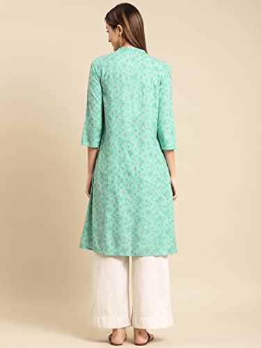 Image of rangita Turquoise Rayon Calf Length Printed Front Slit Kurti for Women | Kurta for Women
