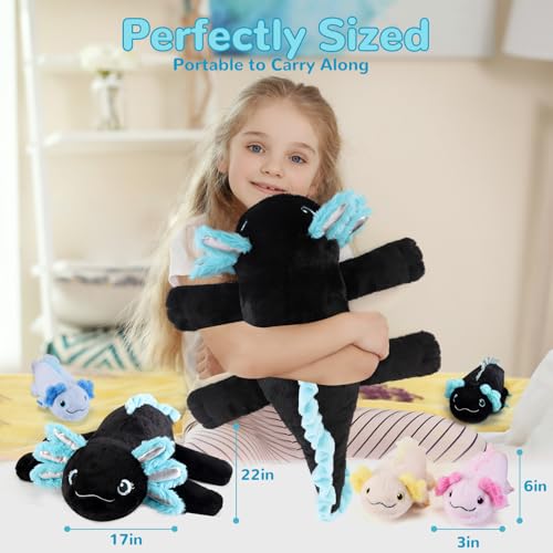 Image of gnomantic Axolotl Stuffed Animals with Babies Inside, Mommy Toy for Kids | 5-Piece set: 1 mommy axolotl + 4 baby axolotls inside. Unzip belly to reveal surprise babies. Ultra-soft, ages 3-8.