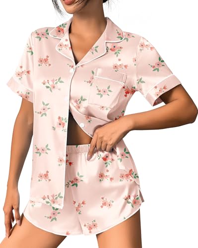 Image of Ekouaer Silk Satin Pajamas 2 Piece Silky Pjs Short Sets Sleepwear Button Down Loungewear for Women Light Pink Floral X-Large