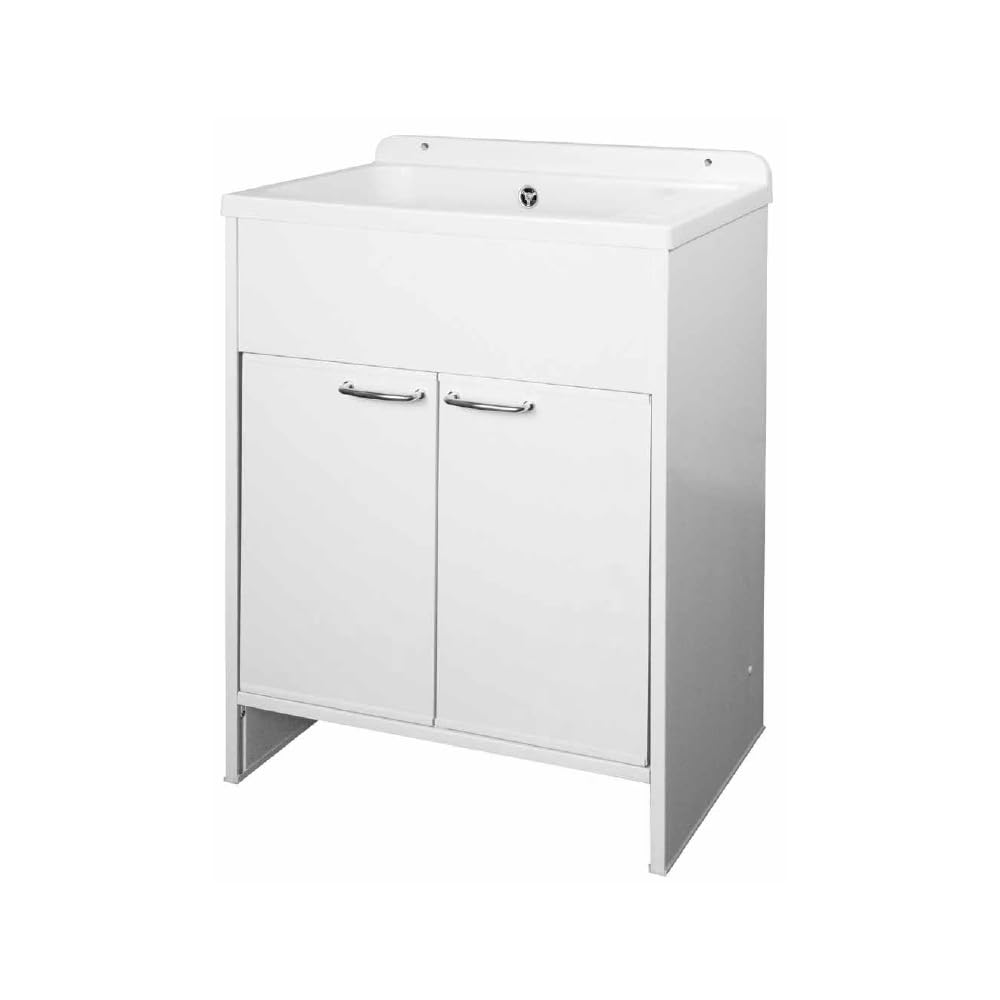 Inbagno Mobile Lavatoio Salvaspazio 58 Cm In PVC Bianco Con Vasca E Piletta In Acciaio Inox – Mobile Lavanderia Slim A Due Ante Con Piedini Regolabili E Maniglie Cromo – Kit Di Montaggio Incluso