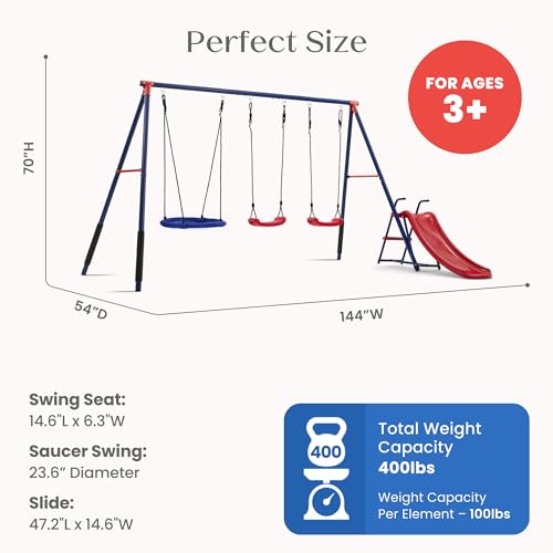 Image of Delta Children FunZone Outdoor Metal 4-Piece Swing Set - Includes 2 Swings, 1 Disc /Saucer Swing and Slide, Blue /Red