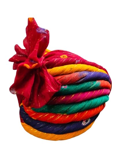 Image of DEHATIBAZAR | Traditional Turban with Tail | Safa with Bow | Red Base with Navy, Green, Orange Stripes | Rajasthani Safa | Provided with rubber ball support and packed in a corrugated box