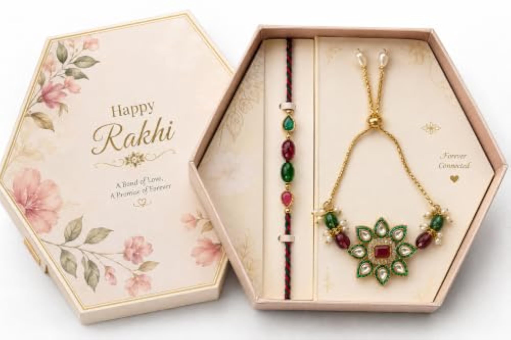 Designer Kundan Floral Rakhi with Adjustable Bracelet & Traditional Thread Rakhi Combo