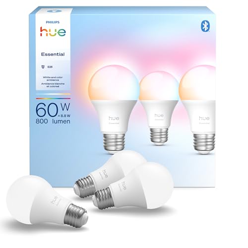 Philips Hue Essential Smart LED A19 Bulb, White and Color Ambiance, E26 Base, 8.8W, 2200K-6500K, 800 Lumens, Dimmable, Works with Alexa, Google Assistant, and Apple Home, 3 Pack