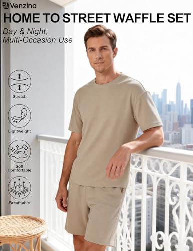 Image of Venzina Men's Waffle-Knit T-Shirt & Shorts Set Breathable Stretchable Lounge Wear Loose Fit Night Suit for Home, Travel