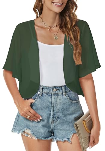 florynova Cardigan da donna velato coprispalle top estivo aperto davanti chiffon manica corta bolero camicetta elegante, 02 Verde Scuro, S