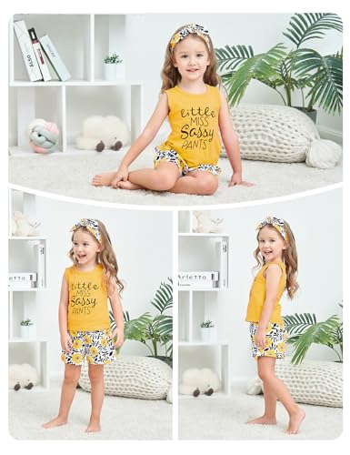 Image of Hipea Toddler Girl Outfits Floral Tops Sleeveless Tank Tops Shorts Headband Summer Clothes Set