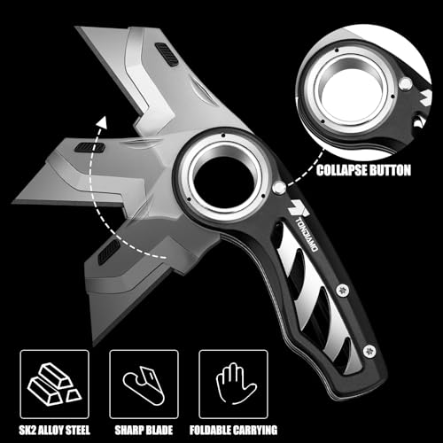 Image of Tondiamo 2 Pcs Folding Pocket Utility Knife Heavy Duty Box Cutter Folding Razor Knife with Anti Slip Finger Loop Easy Change Blades 3 Lock Positions Design (Black)