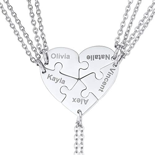 U7 BFF Necklace for 5 Girls Women Stainless Steel Forever Together Family Sibling Friendship Jewelry Set Customized Engrave Name Date Stitching Puzzple Pieces Pendant Heart Necklace Best Friend Gift