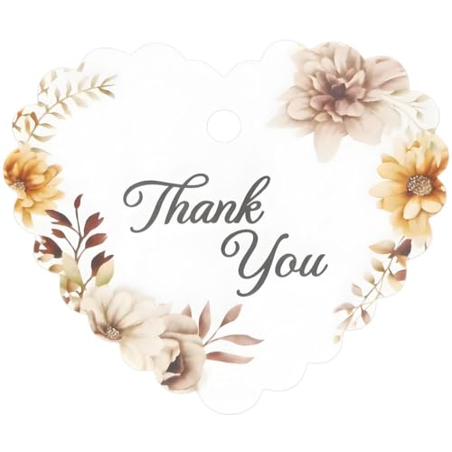 Image of CVANU Heart Shaped Thank You Tags 100-Pcs with Golden String, Floral Design Gift Tags for Wedding Favors| Birthday Party| Small Business Packaging (2.16x2.36 inch) D6