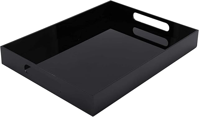 WUWEOT Acrylic Serving Tray 40 x 35 cm, Spill Proof Rectangle Tray with Handle for All Occasion's, Decorative Tray Organiser for Food, Tea, Breakfast, Ottoman or Coffee Table, Black