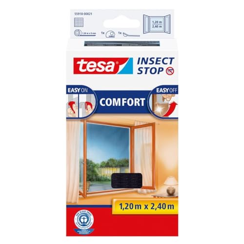 tesa Insect Stop COMFORT pour Porte-Fenêtres - Moustiquaire avec Ruban Auto Agrippant - Filet Anti-Moustique - Anthracite, 120 cm x 240 cm