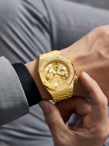 Image of OPK Men Analog Automatic Watches Waterproof Multifunction Chronograph Diamond Moon Phase Luminous Stainless Steel Band Wrist Watches