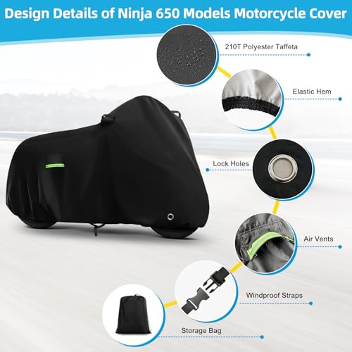 Image of Motorcycle Cover Waterproof for Kawasaki Ninja 250 300 400 500 650 /BMW F 900R, Heavy Duty Outdoor Sun UV Rain Dust All Weather Protection Motorbike Cover with Soft Cotton Lining & Lock Hole-Black
