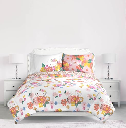 Image of Sanrio Hello Kitty King Comforter Set 7 Piece Floral Bedding, Multi | Bed in a Bag, Comforter Sheets Shams Pillowcases, Official Product, Soft Microfiber, Machine Washable, Girls Gift