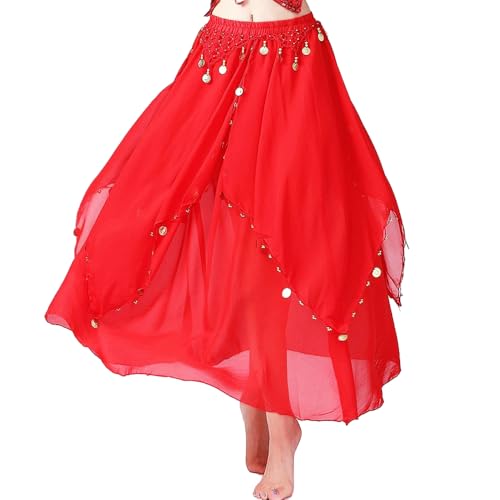 Belly Dance Costume for Women Belly Dance Chiffon Skirt with Coins (US, Alpha, One Size, Regular, Regular, Red)