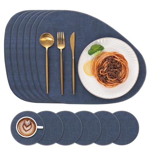 Image of Enyhom Leather Placemats and Coaster Sets 6, Dinner Table Mats, Navy Blue