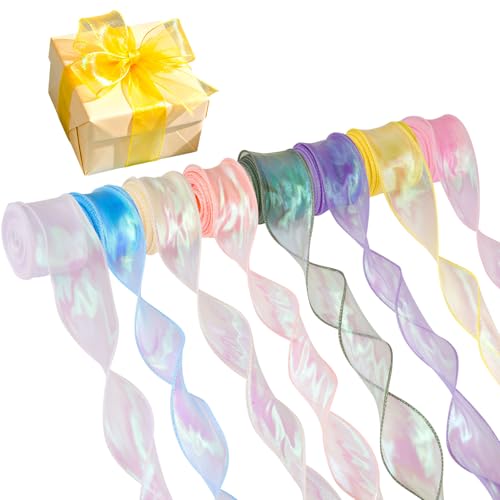 8 Rollos Cinta de Organza de 4 cm x 9 m,Aplicable Cintas Decorativas para Manualidades,Cinta de Gasa Brillante,6 Colores, Adecuados para Envolver Regalos,Manualidades,Decoraciones de Bodas