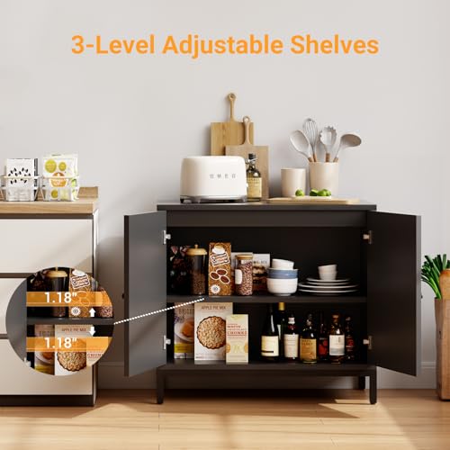 GarveeHome Rattan Sideboard Buffet Cabinet Set of 2, Boho Accent Kitchen Storage Liquor Bar Console Cabinet with Adjustable Shelf for Living Room, Hallway, Black