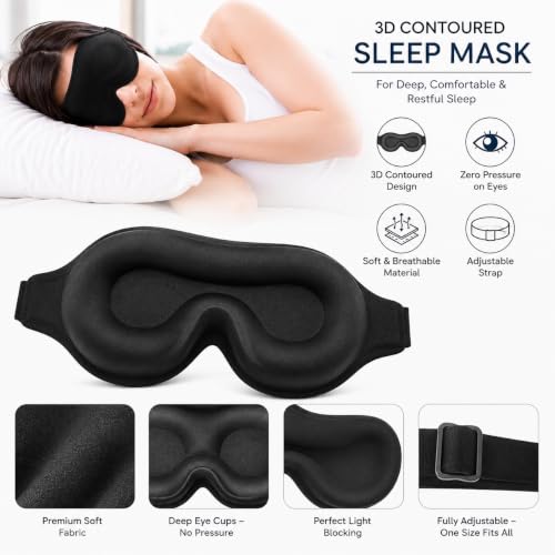 Image of 3D Black Eye Mask for Sleeping Men & Women | Memory Foam Sleep Mask with Adjustable Strap | 100% Blackout Eye Cover Blindfold for Side Sleepers | Soft Travel Sleeping Mask for Flight, Yoga, Office, Nap - Black