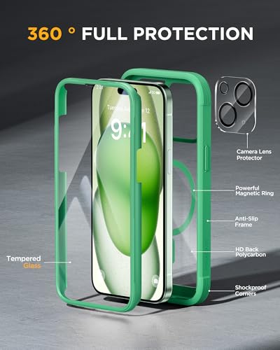 Image of Miracase Magnetic for iPhone 15 Plus Case 6.7'' [Compatible with Magsafe] Full-Body Military Drop Proof 15 Plus Phone Case Cover with Built-in 9H Tempered Glass Screen Protector,Magnetic Green | Magnetic
