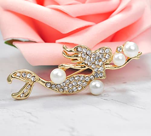 Gyn&Joy Woman Fashion Jewelry Mermaid Crystal Brooch Pins Clothes Accessorie With Pearl Bz015 #TOP4