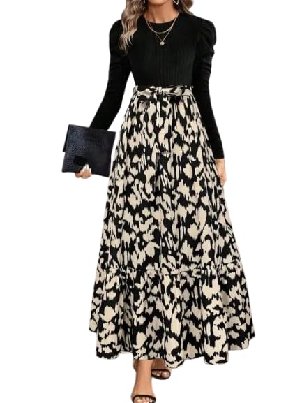 hkv Women's Long Sleeve Maxi Dress, Black Ribbed Top with Floral Print Dress, A-Line Swing StyleE-picture-58