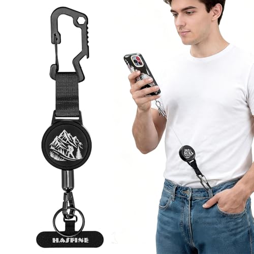 HASFINE Anti-Theft Phone Tether with Retractable Steel Cable, Universal Anchor & Multi-Tool Carabiner Anti-Drop Lanyard for Smartphones,Ideal for Hiking Travel Outdoor