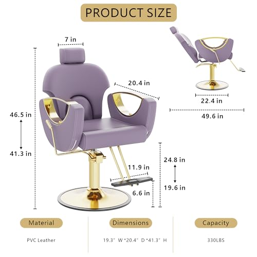 Image of Barber Chair, Reclining Hair Salon Chair, 360 Degrees Swivel Styling Chair, Height Adjustable Hydraulic Shampoo Chairs, Spa Equipment (Purple)