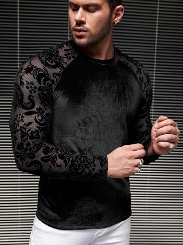 WDIRARA Men's Floral Lace Mesh Fleece Fuzzy T-Shirt Crewneck Raglan Long Sleeve Casual Tee Tops4
