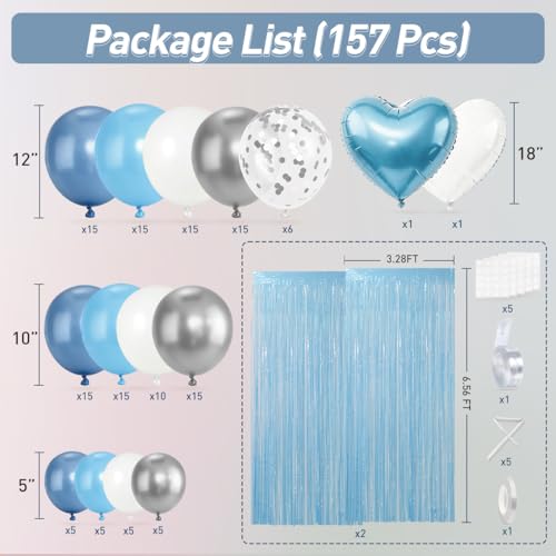 157PCS Pastel Blue Silver White Balloons Garland Arch Kit with Light Blue Fringe Curtain for Birthday Bridal Baby Shower Engagement Wedding Party Decorations by MEBAY - Used condition - Image 2