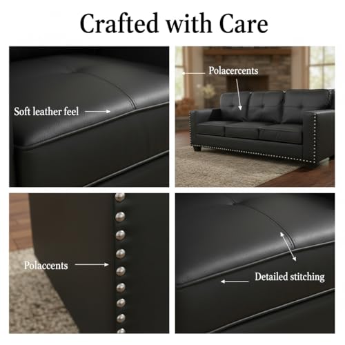 Image of Sofa and Loveseat Set, Faux Leather Living Room Set with Nailhead Trim, 3 Piece Living Room Furniture, Modern 3-Seater Sofa + 2-Seater Loveseat + Accent Chair Sets, for Home Office, Black