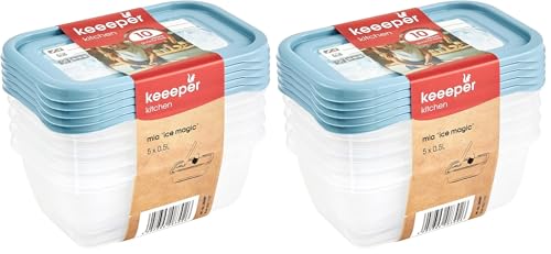 keeeper Set de 5 recipientes de congelación, Tapas con etiquetas reutilizables, 5 x 500 ml, 15,5 x 10,5 x 6 cm, Mia Magic Ice, Azul Nordic (Paquete de 2)