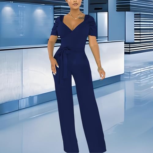 Image of PaladMom Womens Elegant Plus Size Jumpsuits Sexy Back zipper Short Sleeve Mid Waist Wide Leg Straight Rompers
