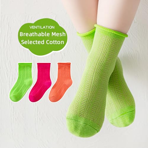 Socks for Kids Ribbed Cuffs Crew Socks Mid-Calf Solid Mesh Knit Solid Cotton Casual Kids Socks 3 Pairs2