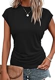 Bliwov Womens Fall Cap Sleeve Tops Business Casual Crewneck T Shirts Trendy Outfits Beach Vacation Clothes Fashion Blouses L Black