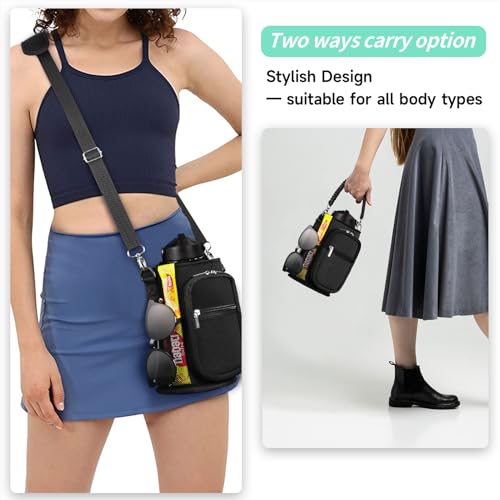 Image of 128 oz Water Bottle Sleeve, Neoprene One Gallon Water Bottle Carrier with Strap & Paracord Handle, Sport Bottle Holder Sling Bag with 4 Pockets for Travelling, Walking, Camping-Black