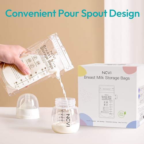 Image of NCVI 25 Count Breastmilk Storage Bags Freezer for Baby, Breast Milk Feeding Bag with Temp-Sensing, Doubled-Sealed, Self Standing, Easy Pour Spout, BPA-Free, 7oz