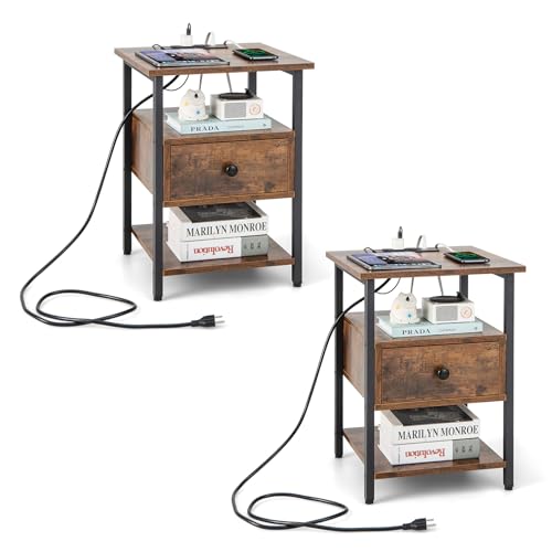 COSTWAY 2 Bedside Tables with Charging Station, Bedside Table wit...