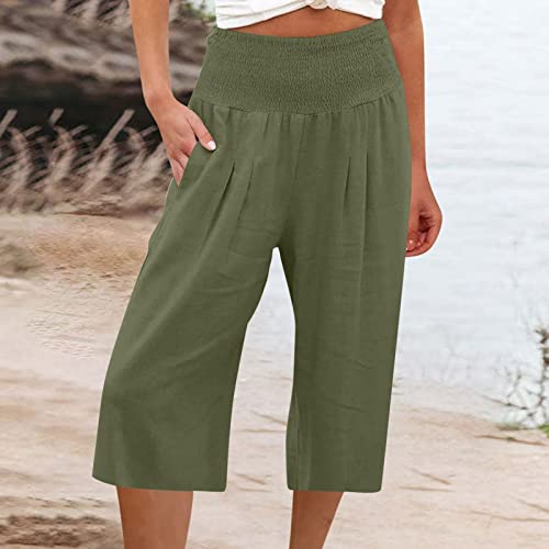 Cotton Linen Capris for Womens High Waisted Wide Leg Cropped Trousers Lightweight Loose Lounge Pants with Pockets2
