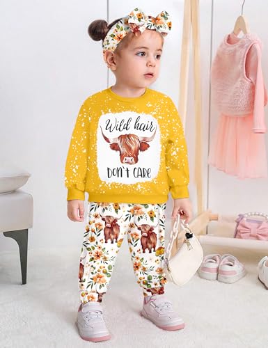 Image of Toddler Girl Clothes Fall Winter Outfits Wild Hair Don't Care Highland Cow Sweatshirt Pants Western Cowgirl Outfit