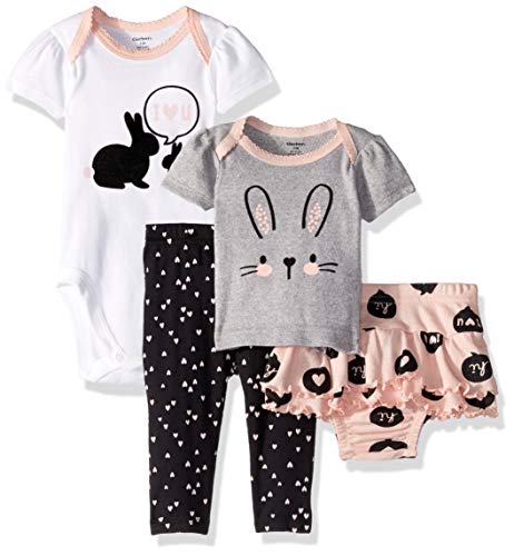 Gerber Baby Girls 4-Piece Shirt, Bodysuit, Pant and Skirted Ruffle Panty, Bunny Hearts, 18 Months