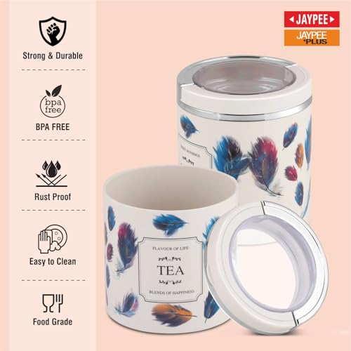 Image of Jaypee Plus Classique 2 Tea Coffee Sugar Storage Container Set 750 ml Airtight Plastic canisters Tea containers for kitchen | Silicon rubber lock Stackable glossy finish transparent Lid, Ivory Multi