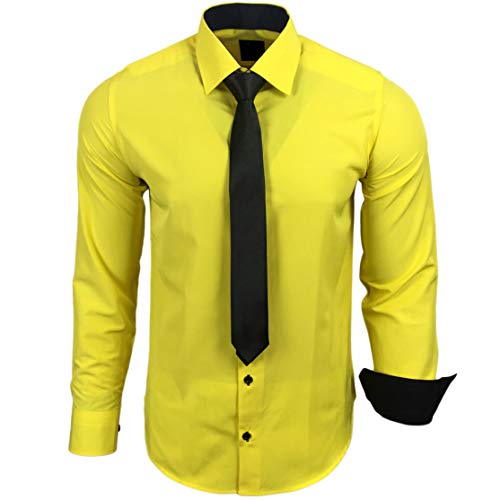 Baxboy 444-BK, camicia da uomo a contrasto, con cravatta, per il tempo libero, matrimoni giallo. XL
