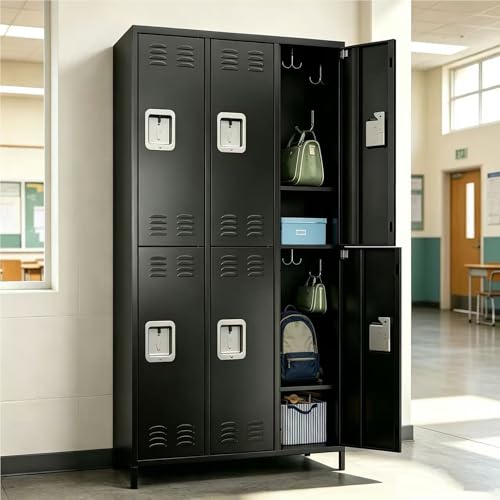 Image of SUPEER 6 Door Metal Storage Locker for Employees,Heavy Duty Steel School Locker with Adjustable Shelves and 18 Hooks,Metal Lockers for Office,Gym,Home,72 inchH x 35.4 inchW x 15.75 inchD,Black,Assembly Required