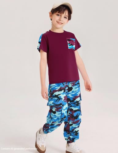 Image of mksodopy Boys Clothes Outfits Set, Camo Cargo Pants and Short Sleeve Pocket Tee 2PC Summer Tracksuit for Kids 5-16Y