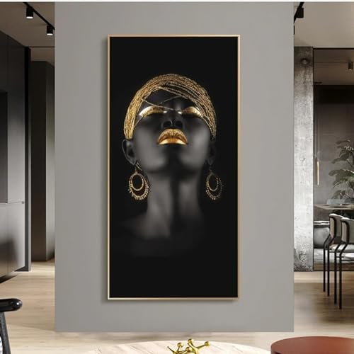Art africain femme noire illuminez un mur vide sombre peinture sur toile dorée 40x80cm