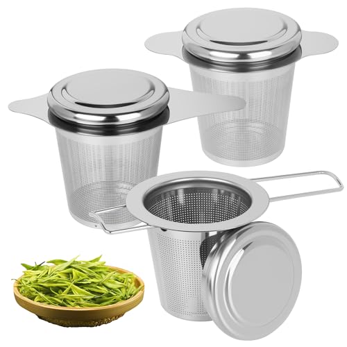 Colador de té para té suelto con tapa, 3 piezas de colador de té para taza, filtro de té de acero inoxidable con tapa y asas plegables, malla fina y apto para lavavajillas.